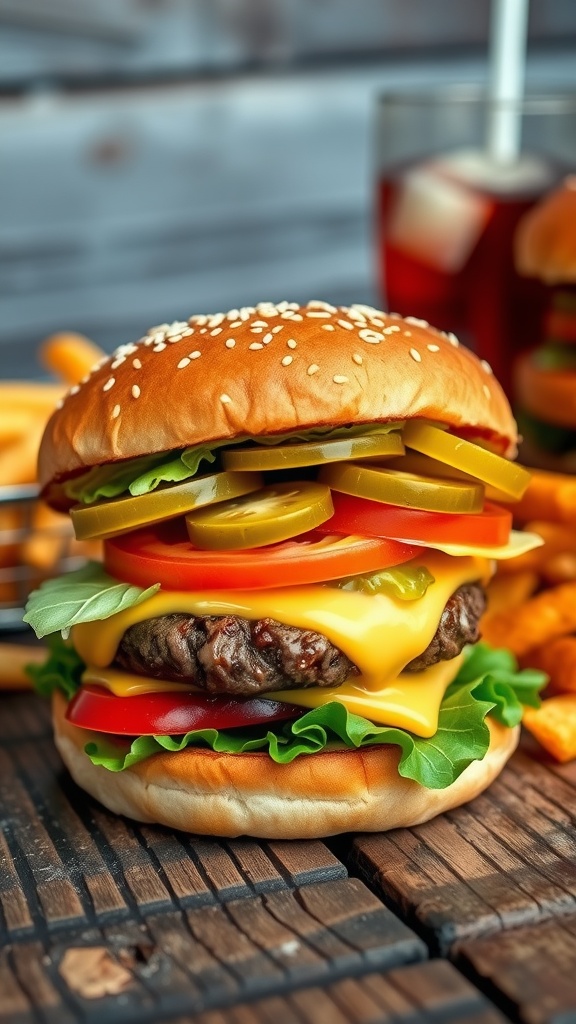 A juicy cheeseburger with lettuce, tomato, and pickles on a rustic table with fries.